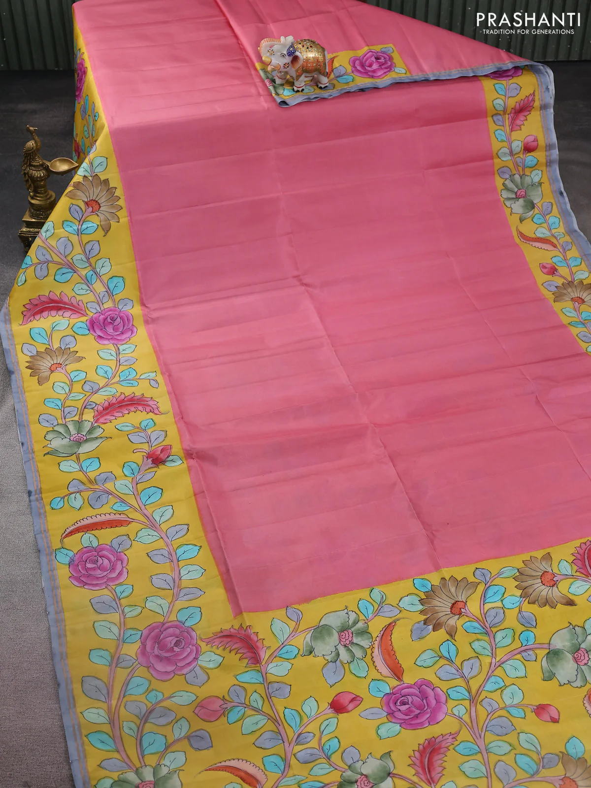 Pure soft silk saree dark peach and yellow with plain body and kalamkari hand painted border & pallu - Image 2