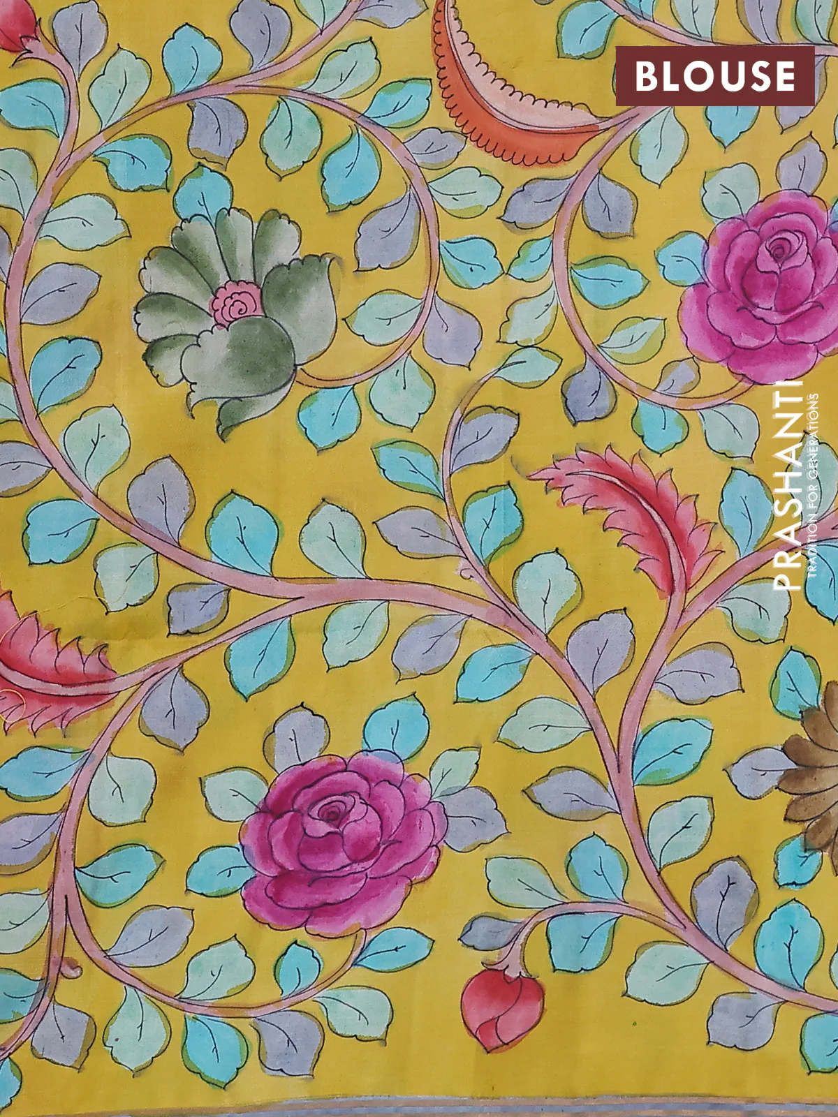 Pure soft silk saree dark peach and yellow with plain body and kalamkari hand painted border & pallu - Image 3