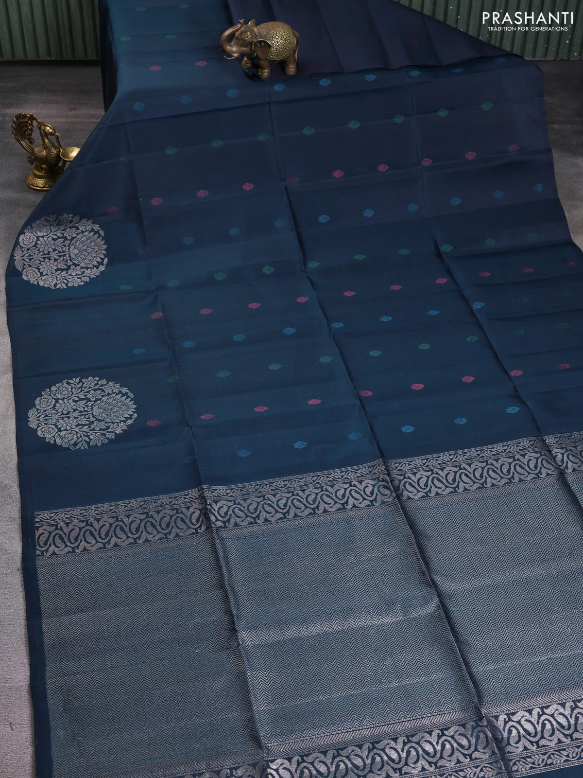 Pure soft silk saree dark peacock blue with zari woven buttas and long zari woven butta border - Image 2