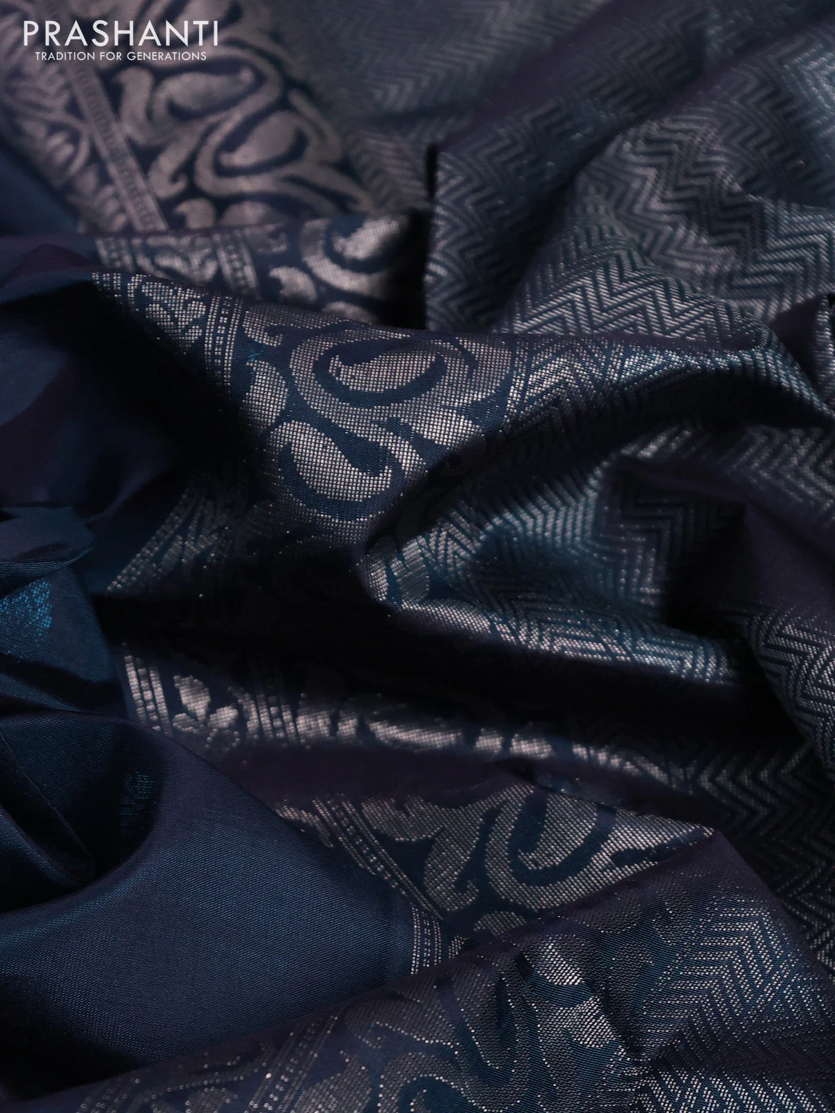 Pure soft silk saree dark peacock blue with zari woven buttas and long zari woven butta border - Image 3