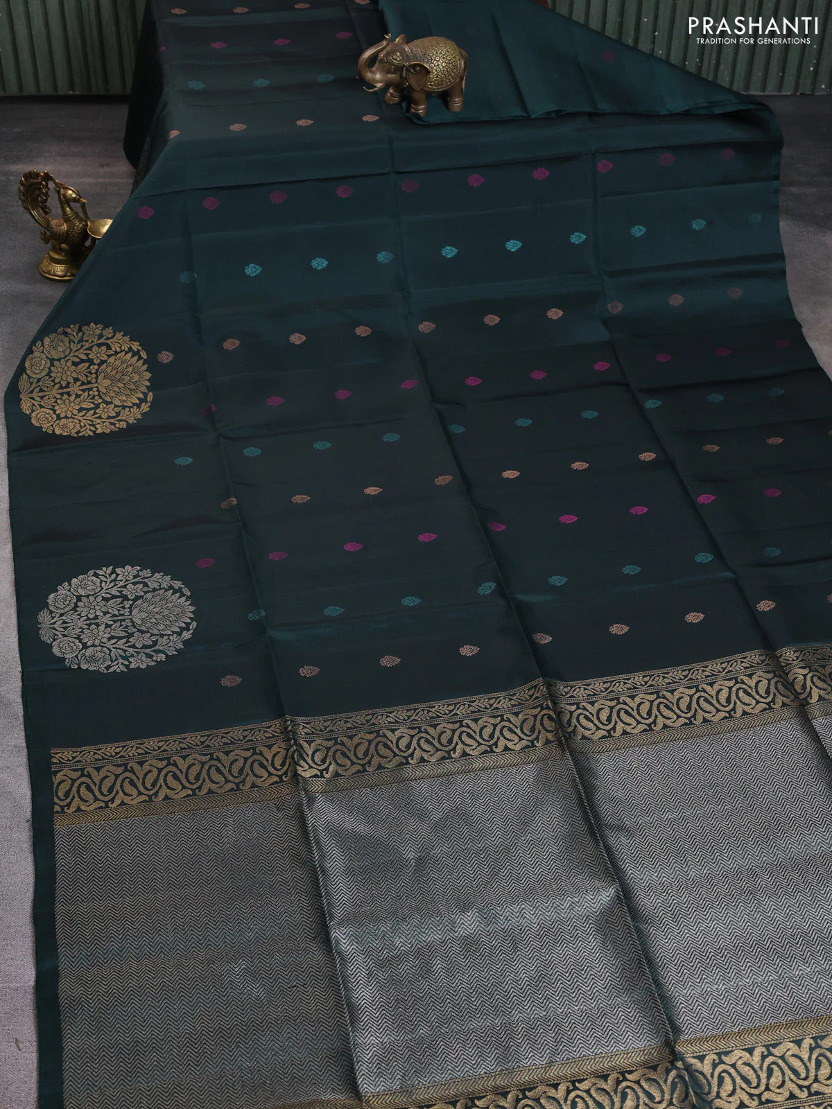 Pure soft silk saree dark peacock green with zari woven buttas and long zari woven butta border - Image 2