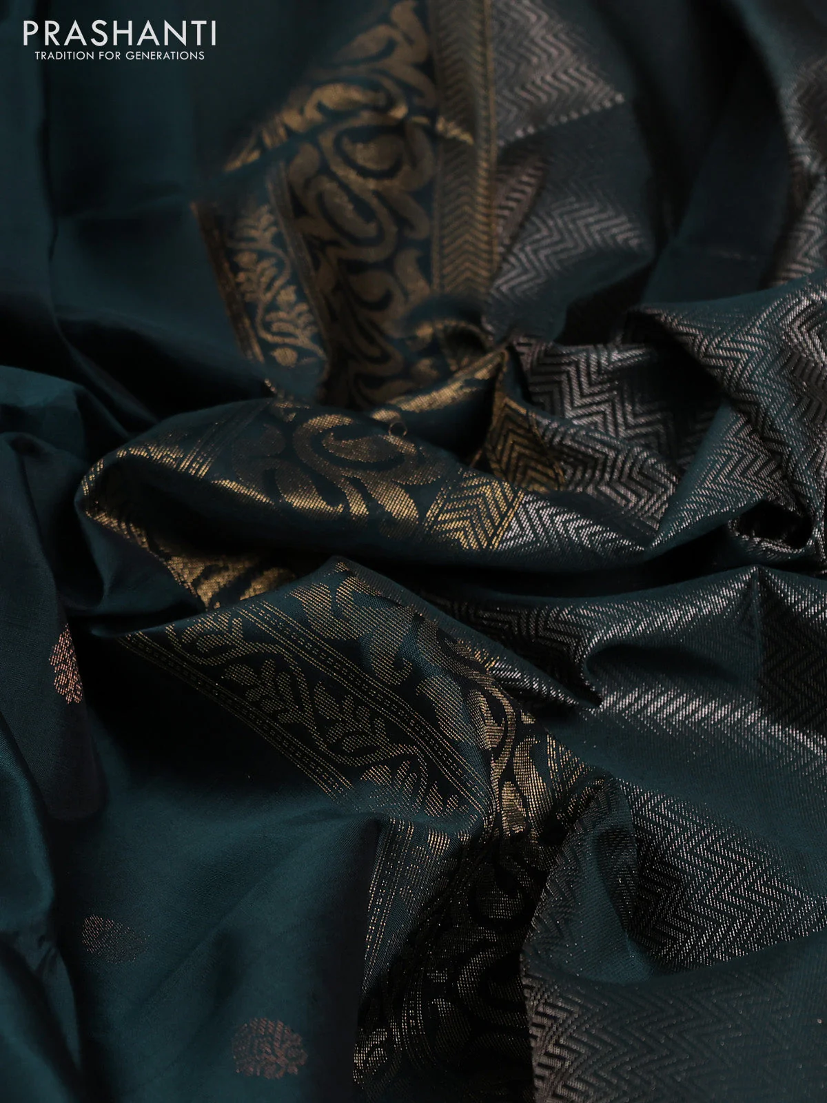 Pure soft silk saree dark peacock green with zari woven buttas and long zari woven butta border - Image 3