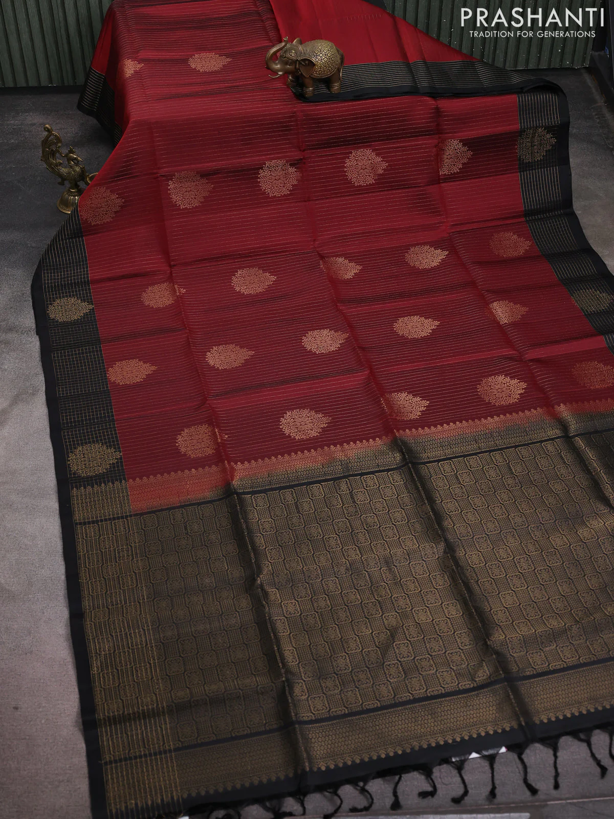 Pure soft silk saree deep maroon and black with allover zari weaves and zari woven border - Image 2