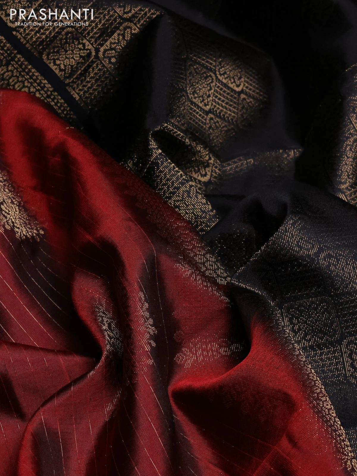 Pure soft silk saree deep maroon and black with allover zari weaves and zari woven border - Image 3