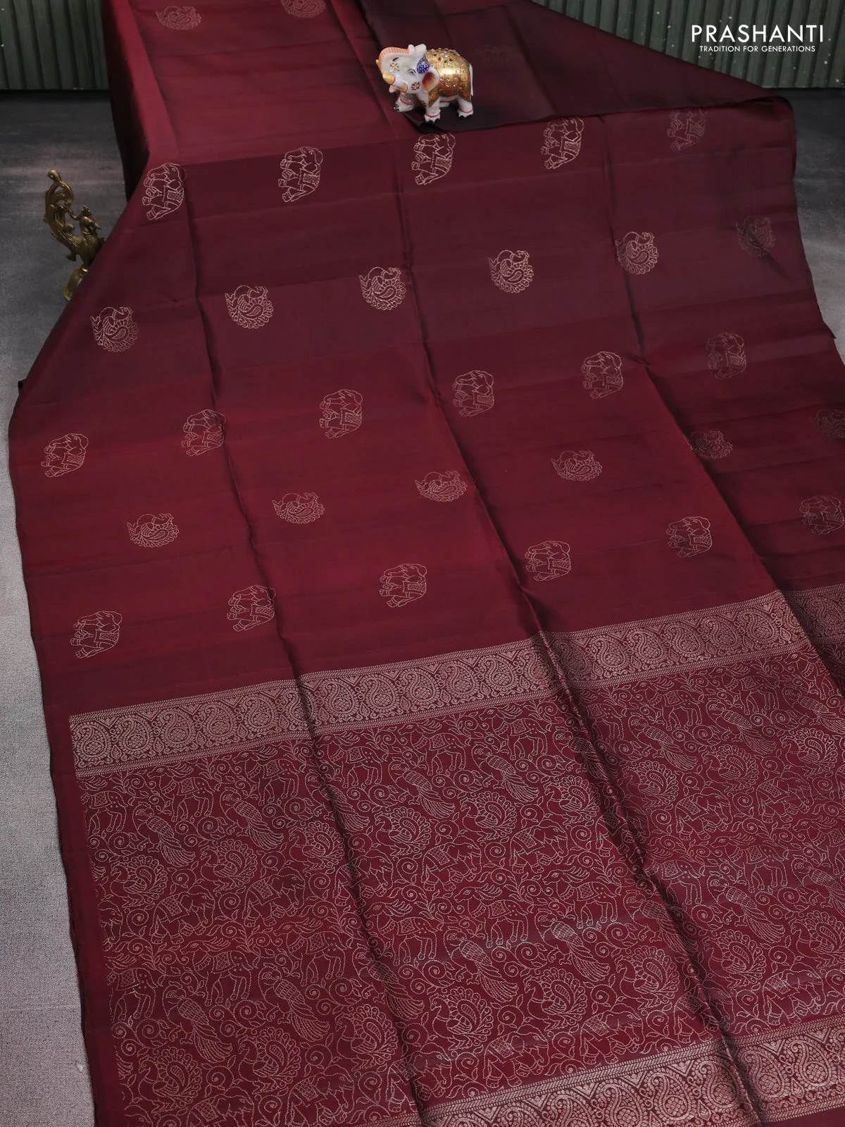 Pure soft silk saree deep maroon with elephant & annam zari woven buttas in borderless style - Image 2