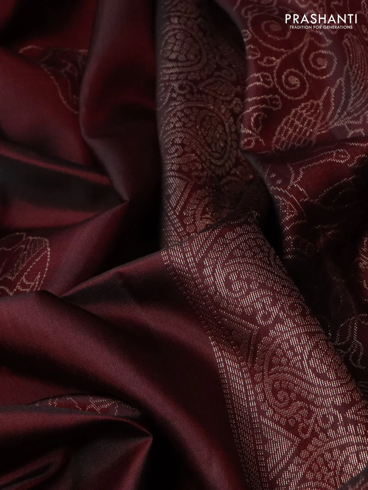 Pure soft silk saree deep maroon with elephant & annam zari woven buttas in borderless style - Image 3