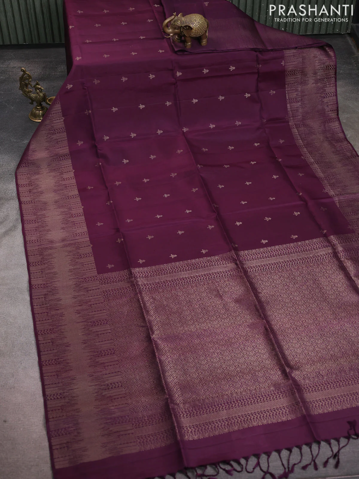 Pure soft silk saree deep maroon with zari woven buttas and long zari woven border - Image 2