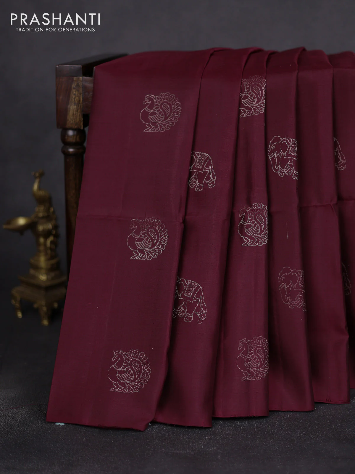 Pure soft silk saree deep maroon with zari woven buttas in borderless style