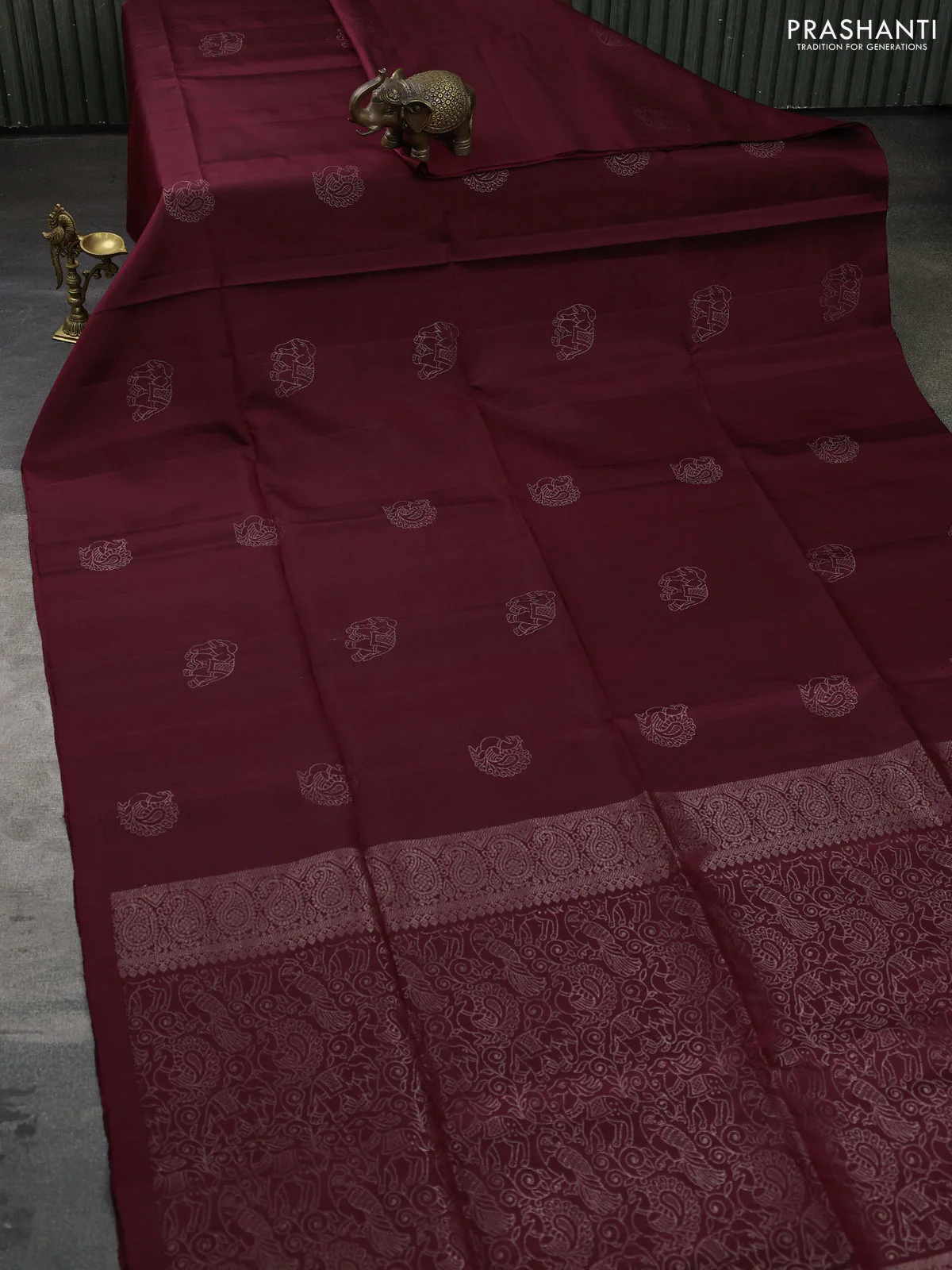 Pure soft silk saree deep maroon with zari woven buttas in borderless style - Image 2