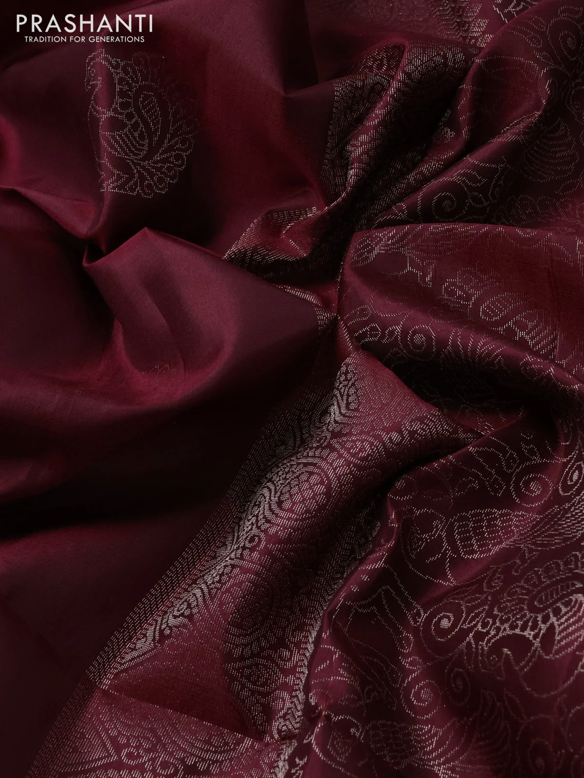 Pure soft silk saree deep maroon with zari woven buttas in borderless style - Image 3