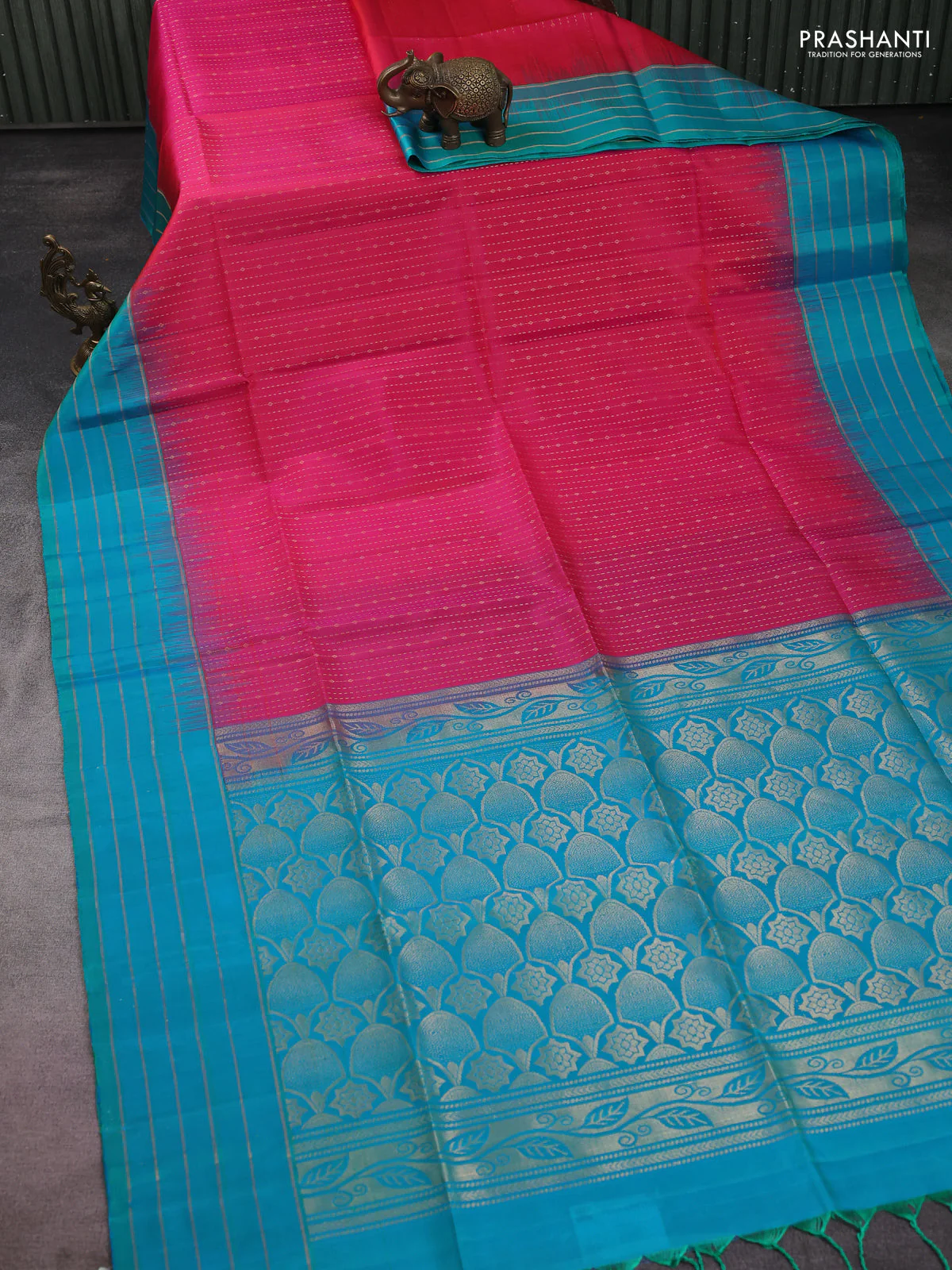 Pure soft silk saree deep pink and teal with allover zari weaves and zari woven simple border - Image 2