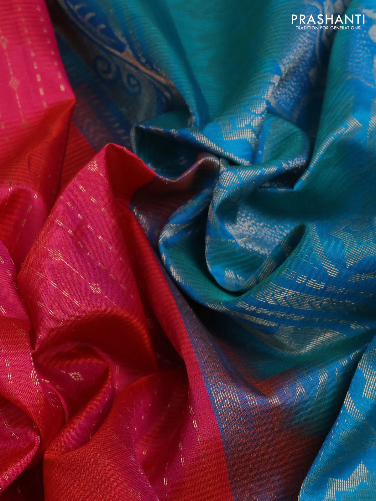 Pure soft silk saree deep pink and teal with allover zari weaves and zari woven simple border - Image 3