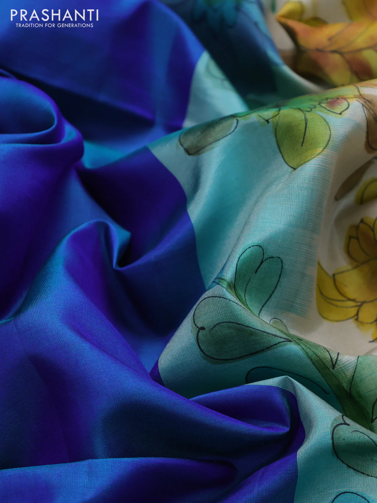 Pure soft silk saree dual shade of bluish green and cream with plain body and hand painted kalamkari printed pallu - Image 3