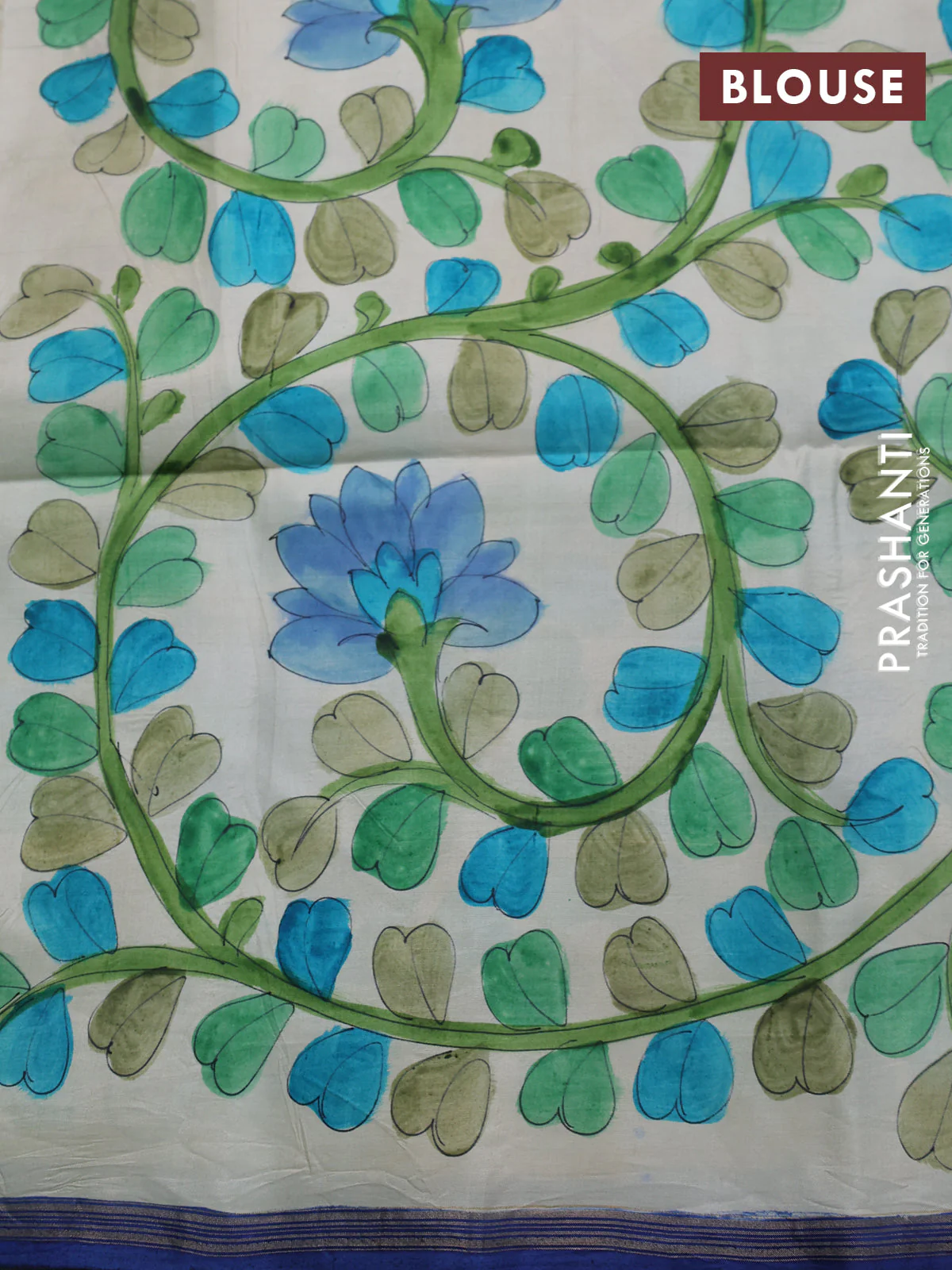 Pure soft silk saree dual shade of bluish green and cream with plain body and hand painted kalamkari printed pallu - Image 4