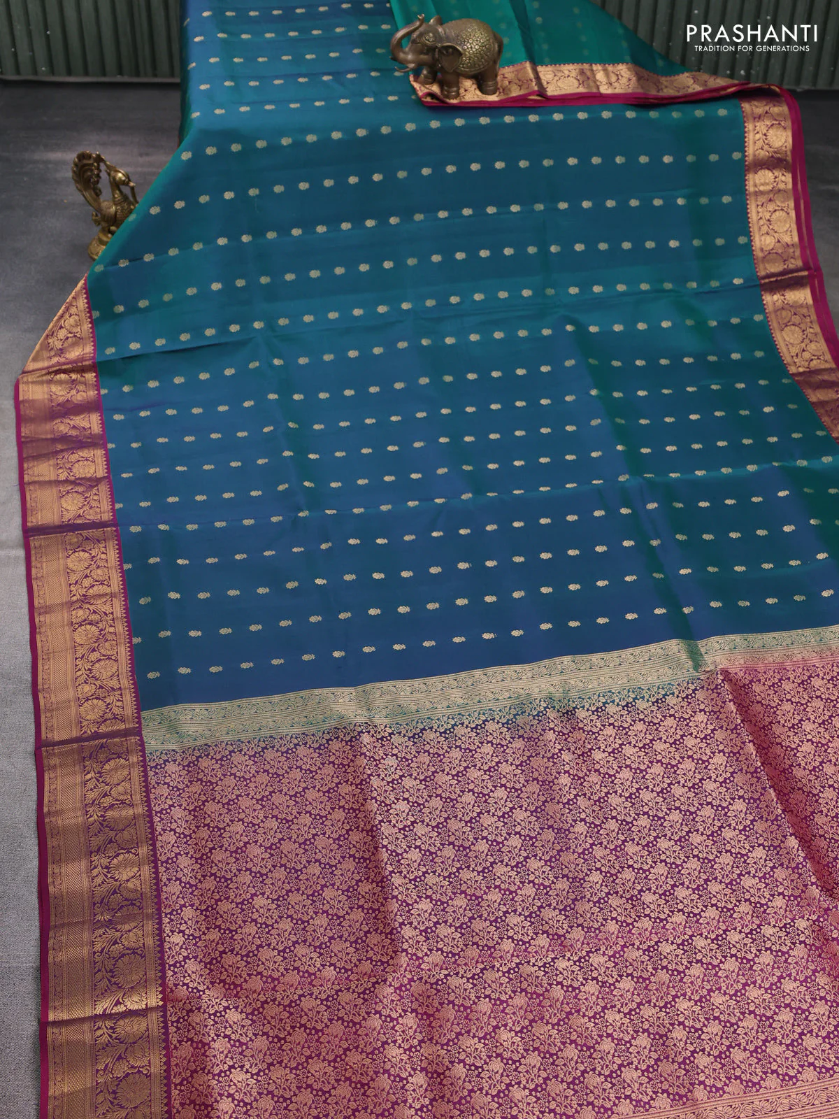Pure soft silk saree dual shade of bluish green and purple with allover zari woven buttas and rich zari woven border - Image 2