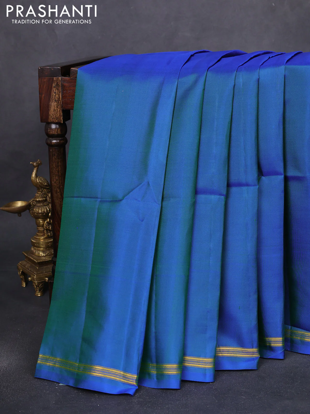 Pure soft silk saree dual shade of bluish green and yellow with plain body and kalamkari hand painted pallu - Image 2