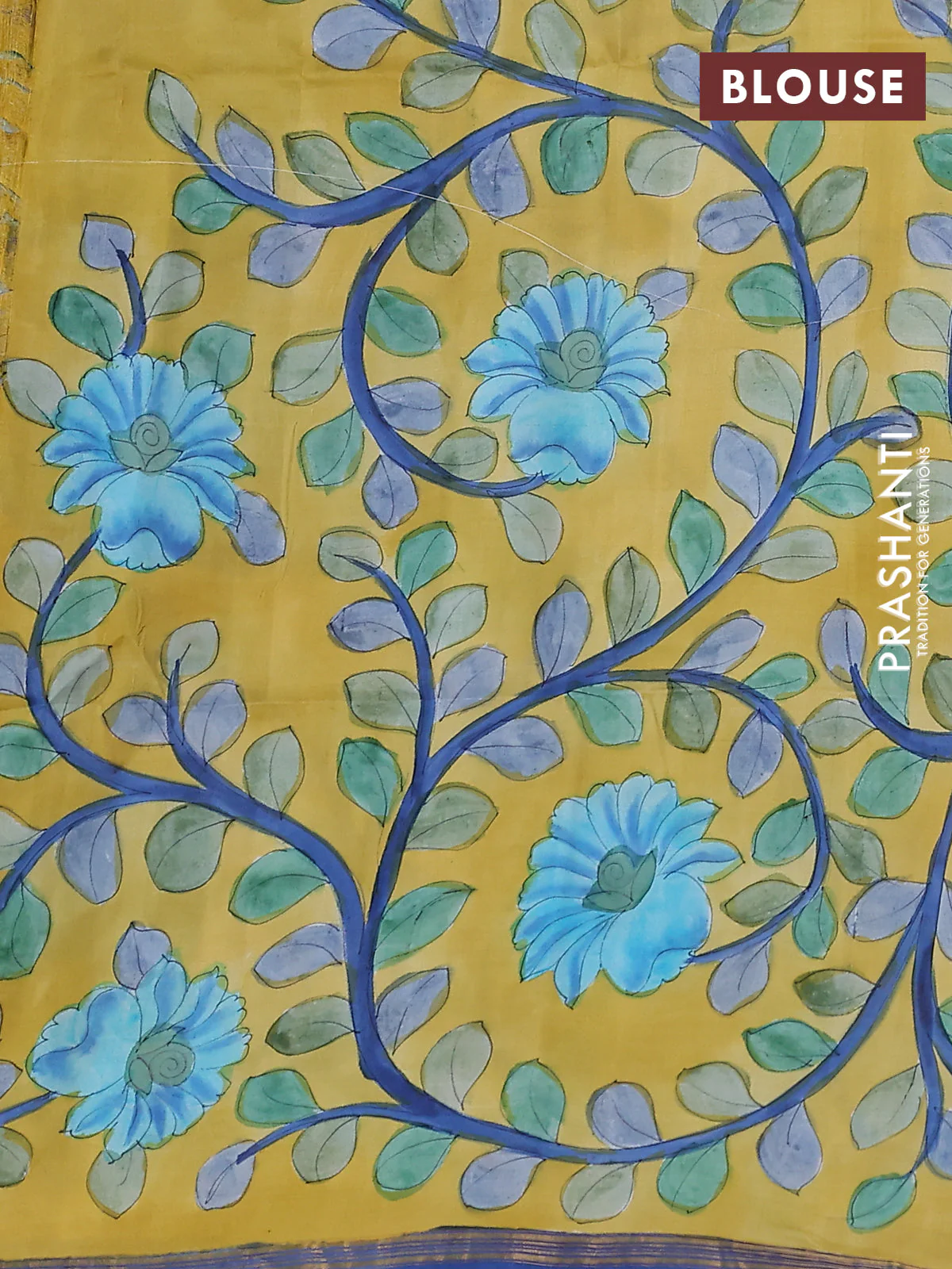 Pure soft silk saree dual shade of bluish green and yellow with plain body and kalamkari hand painted pallu - Image 3
