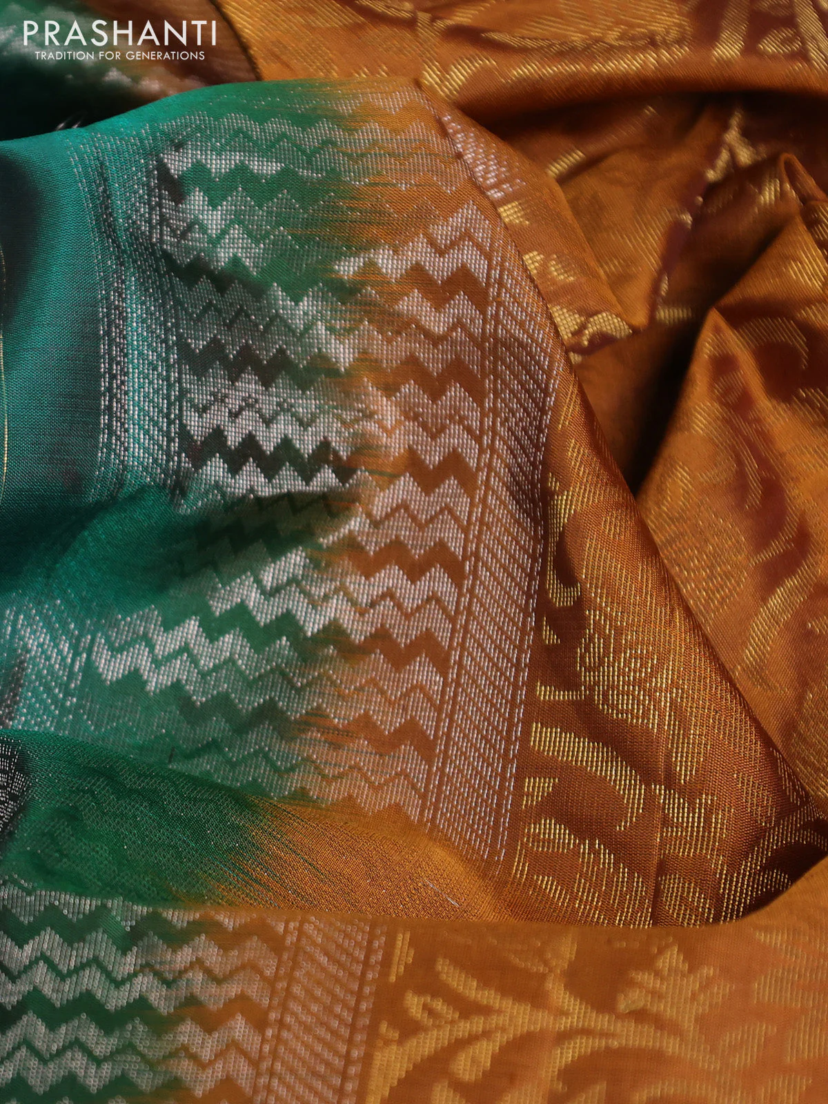 Pure soft silk saree dual shade of green and dark mustard with allover zari weaves & buttas and zari woven border - Image 3
