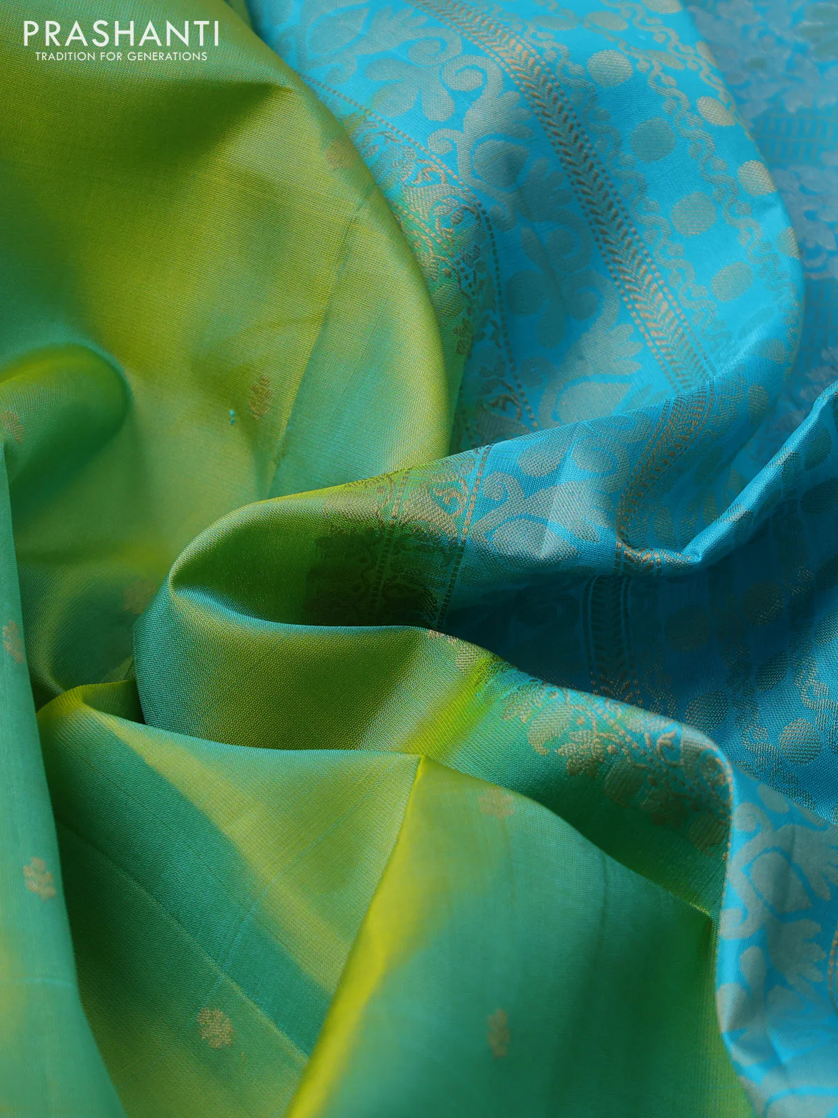 Pure soft silk saree dual shade of green and light blue with zari woven buttas and rettapet zari woven border - Image 3