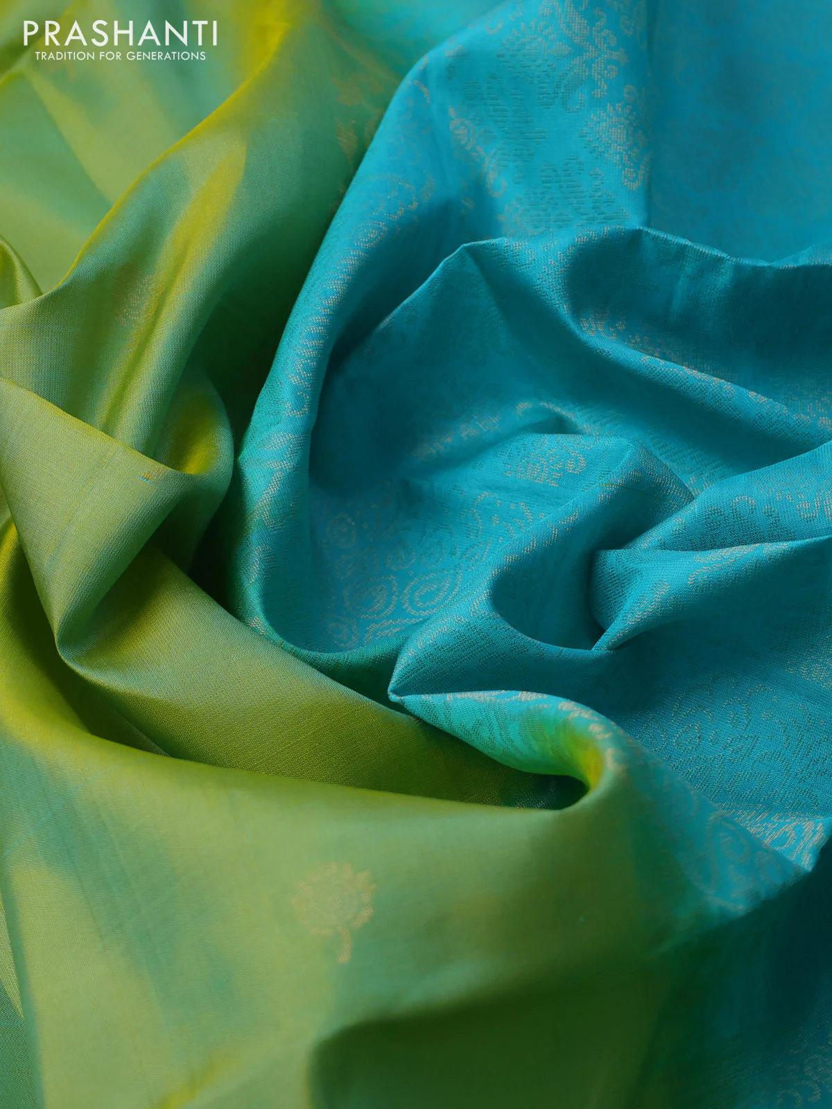 Pure soft silk saree dual shade of light green and teal blue with zari woven floral buttas and rettapet zari woven border - Image 3