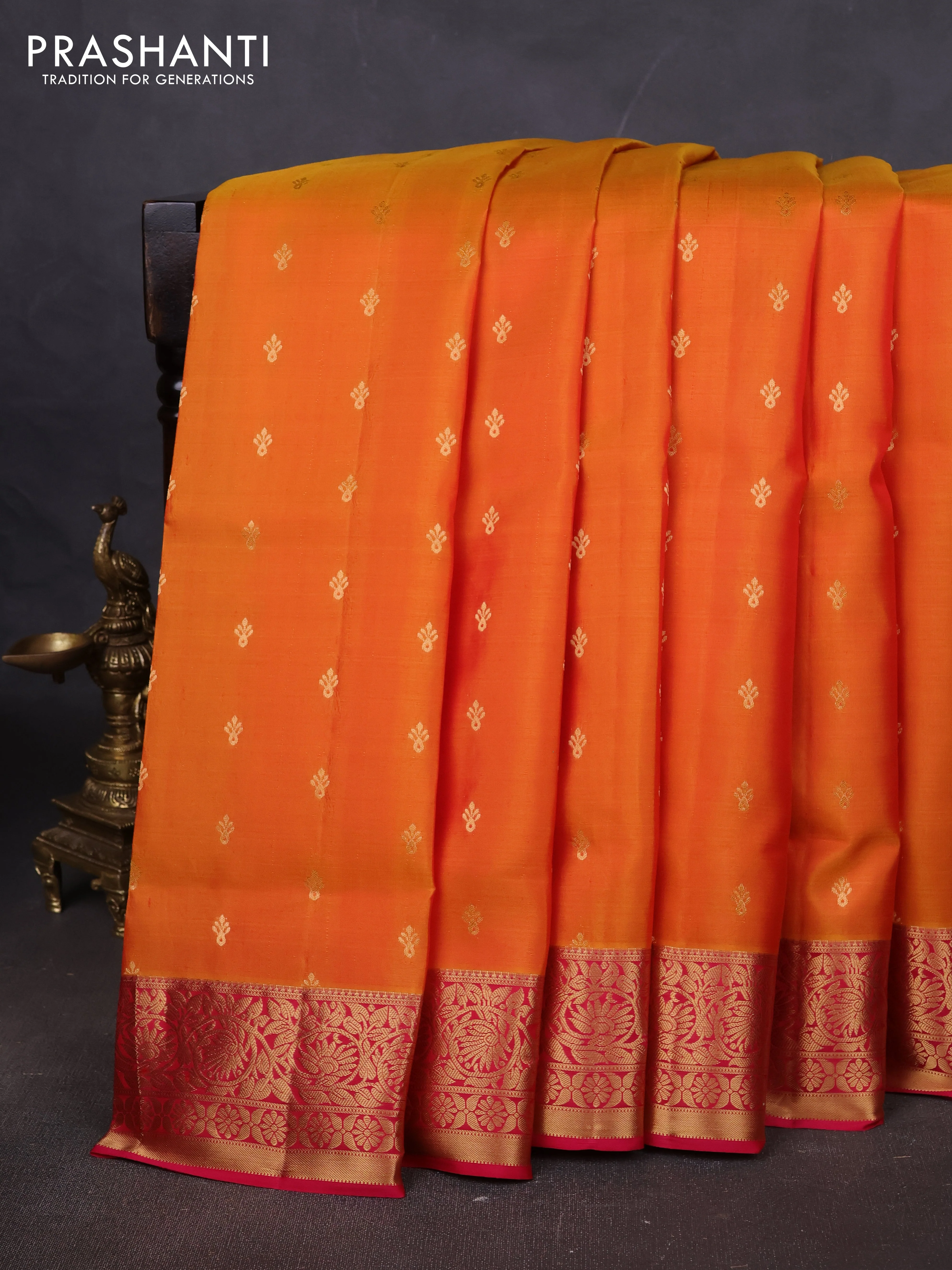 Pure soft silk saree dual shade of mango yellow and pink with allover zari woven buttas and zari woven floral border