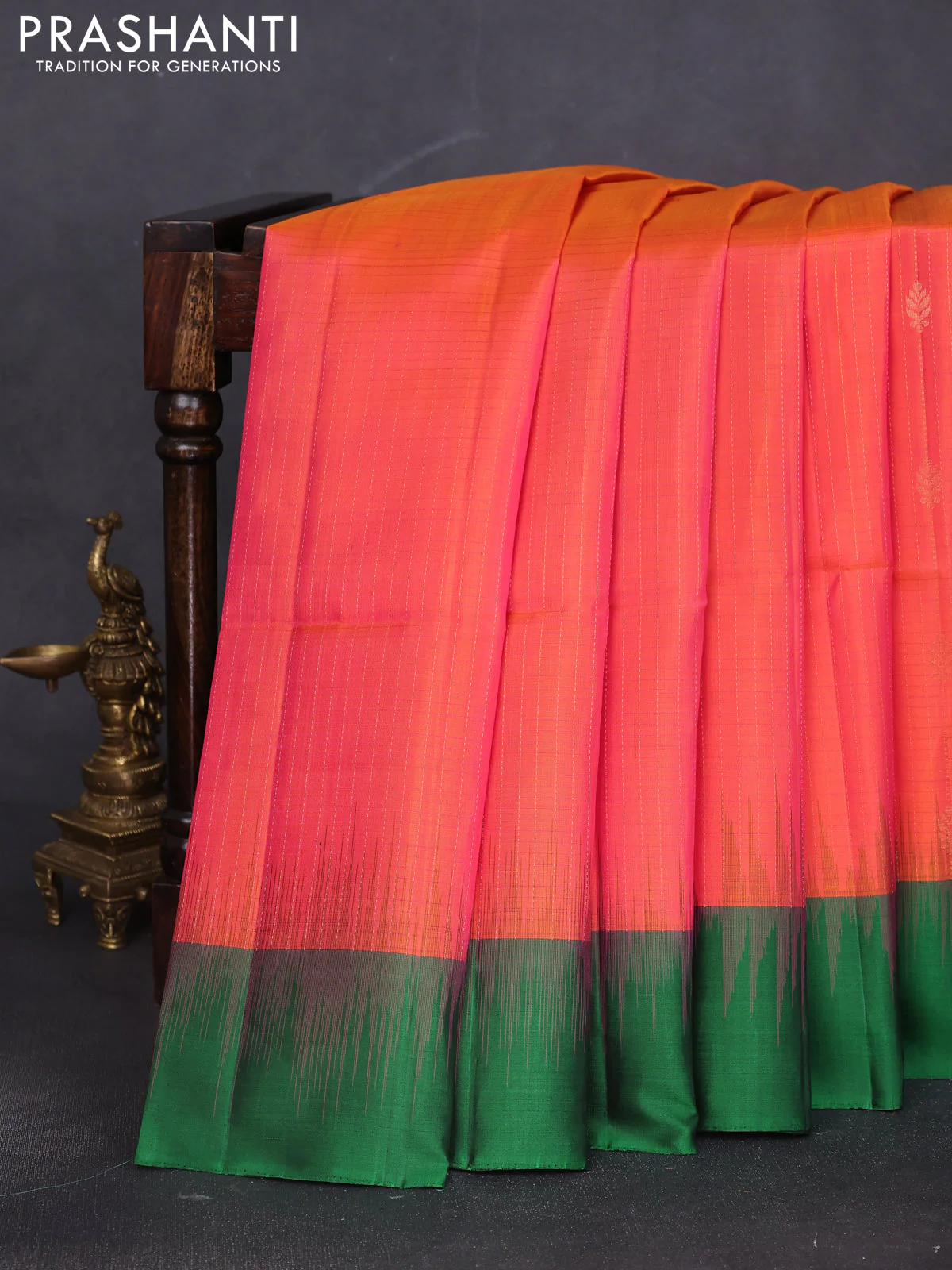Pure soft silk saree dual shade of peach pink and green with allover zari weaves & buttas and simple border