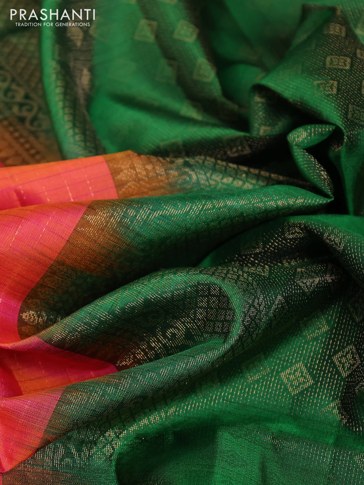 Pure soft silk saree dual shade of peach pink and green with allover zari weaves & buttas and simple border - Image 3