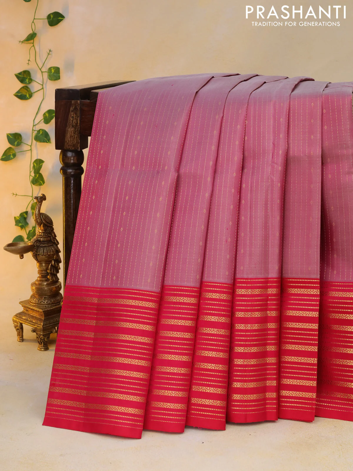 Pure soft silk saree dual shade of pink and pink with allover zari weaves and long zari woven border - Image 2