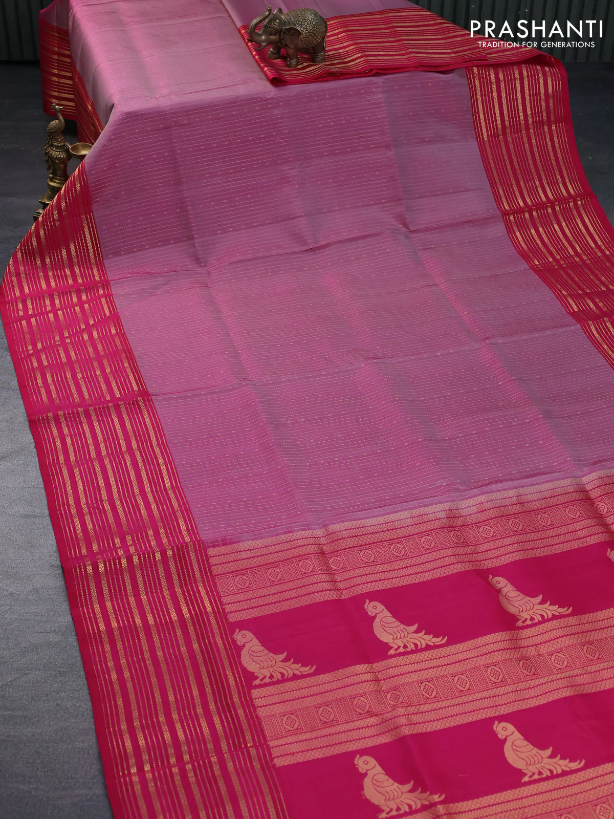 Pure soft silk saree dual shade of pink and pink with allover zari weaves and long zari woven border - Image 3