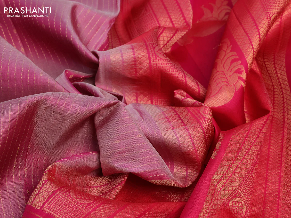 Pure soft silk saree dual shade of pink and pink with allover zari weaves and long zari woven border - Image 4