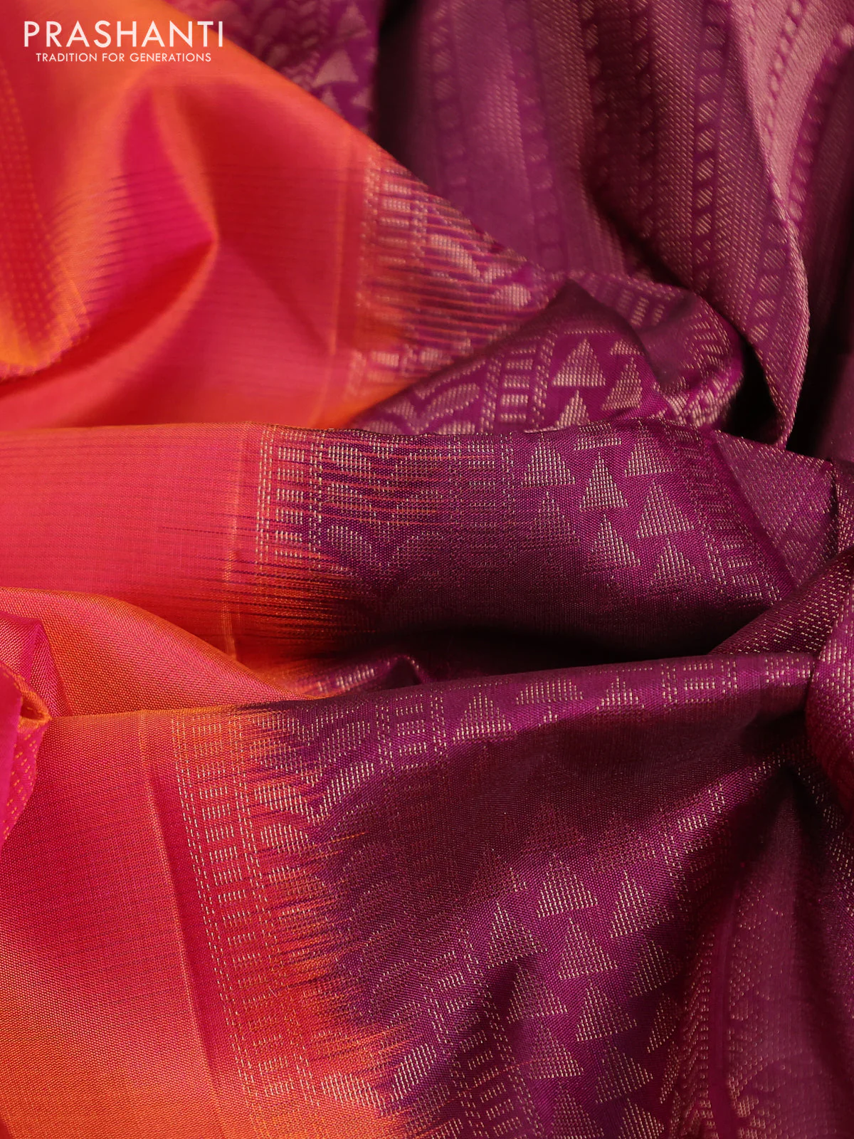 Pure soft silk saree dual shade of pinkish orange and deep wine shade with allover thread woven checked pattern and rettapet zari woven border - Image 3
