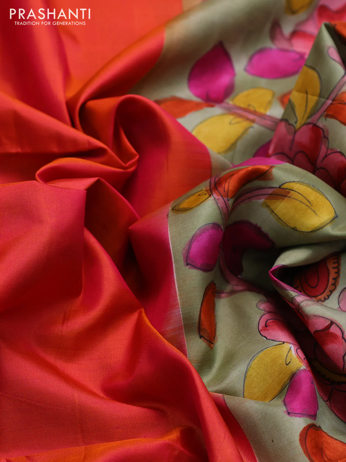Pure soft silk saree dual shade of pinkish orange and elaichi green with plain body and hand painted kalamkari printed pallu - Image 3