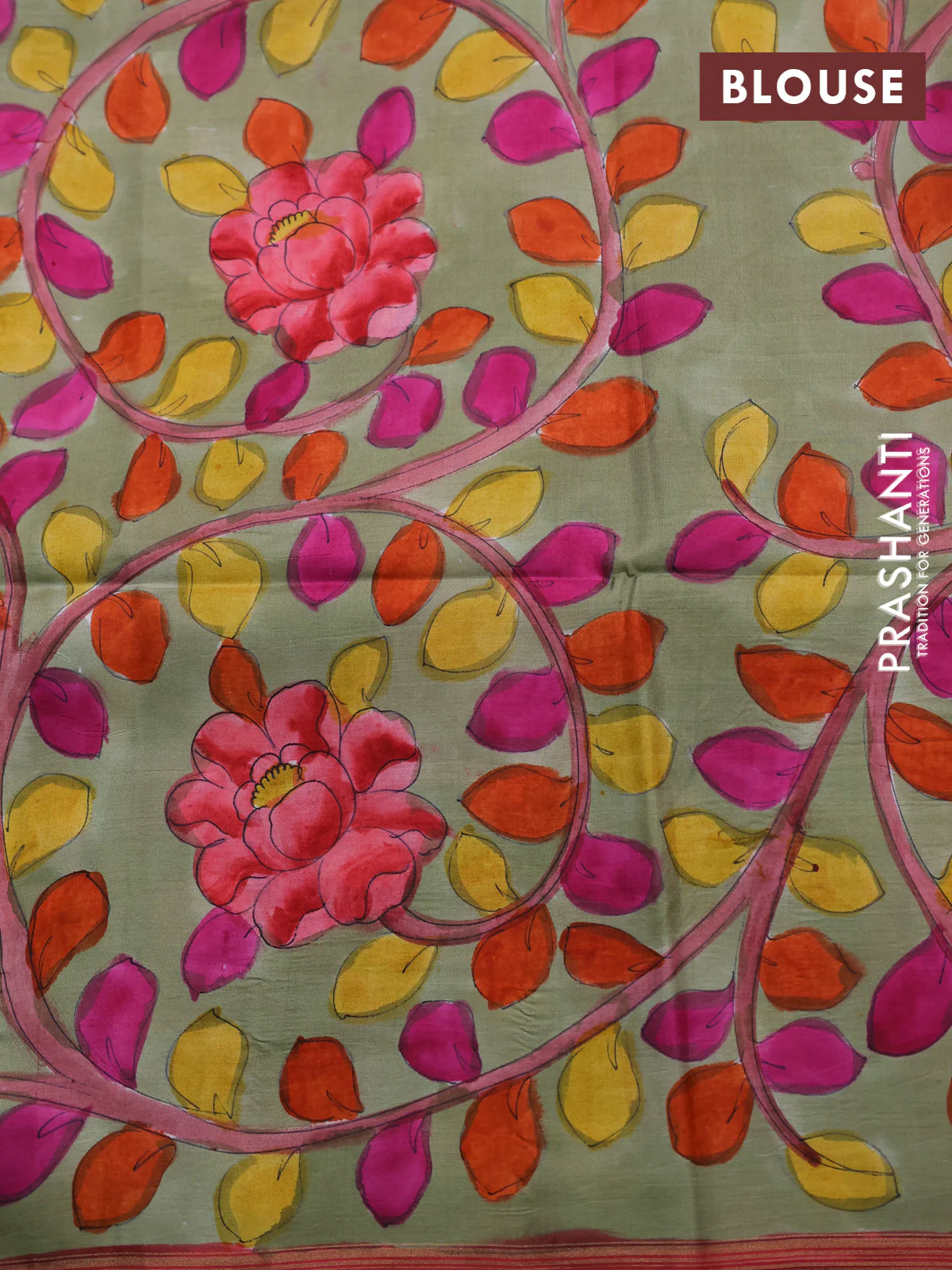 Pure soft silk saree dual shade of pinkish orange and elaichi green with plain body and hand painted kalamkari printed pallu - Image 4