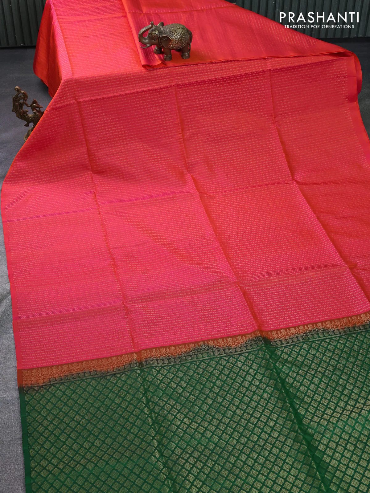 Pure soft silk saree dual shade of pinkish orange and green with allover zari weaves in borderless style - Image 2