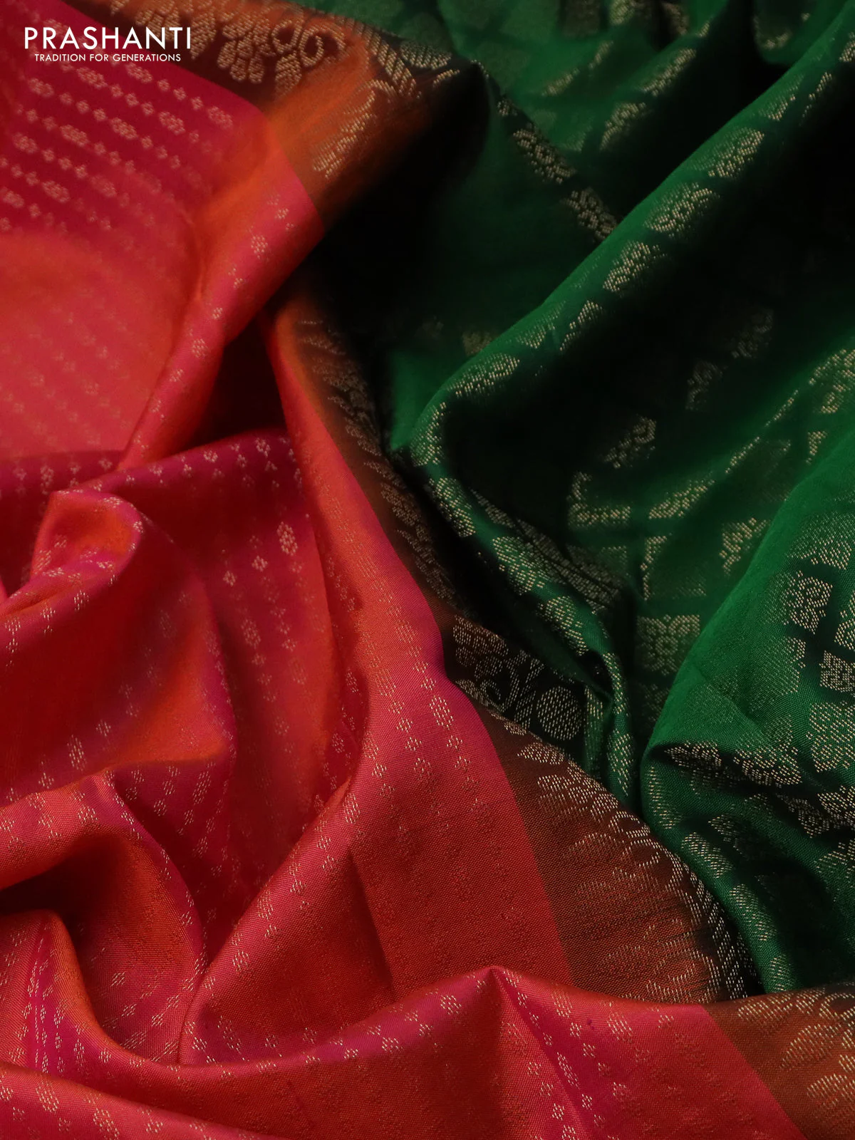 Pure soft silk saree dual shade of pinkish orange and green with allover zari weaves in borderless style - Image 3