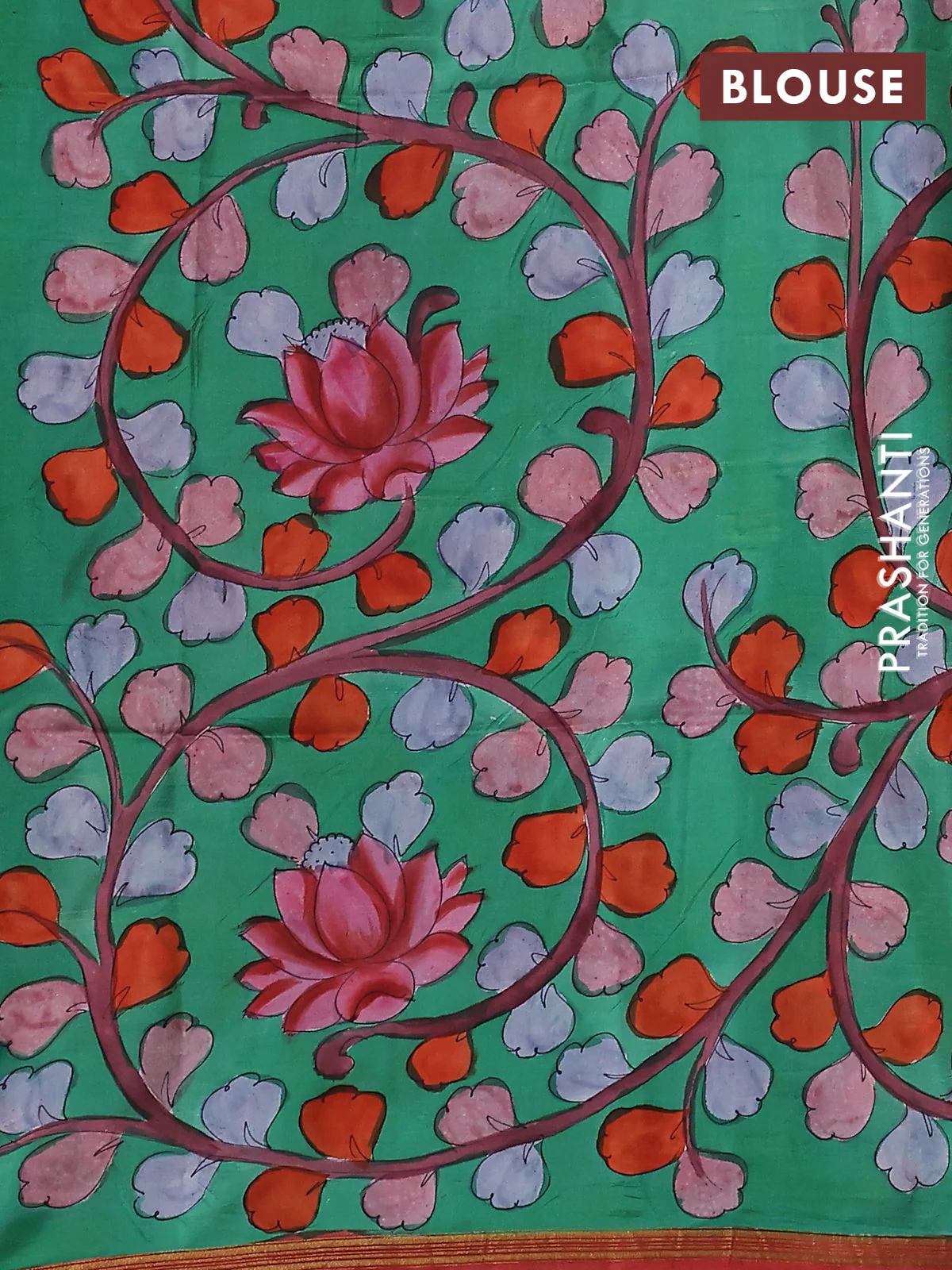 Pure soft silk saree dual shade of pinkish orange and green with plain body and kalamkari hand painted pallu - Image 3