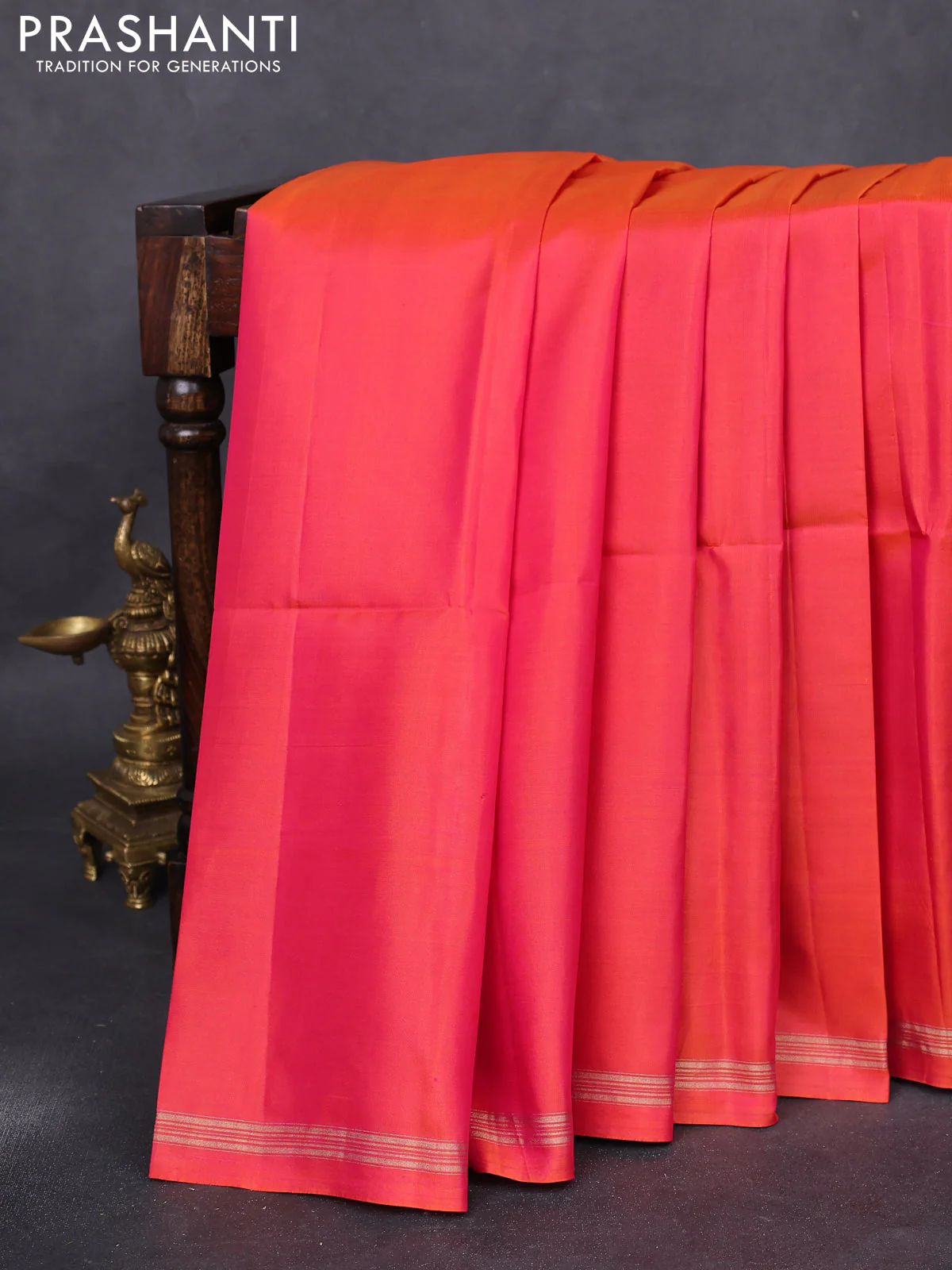 Pure soft silk saree dual shade of pinkish orange and light blue with plain body and kalamkari hand painted pallu - Image 2