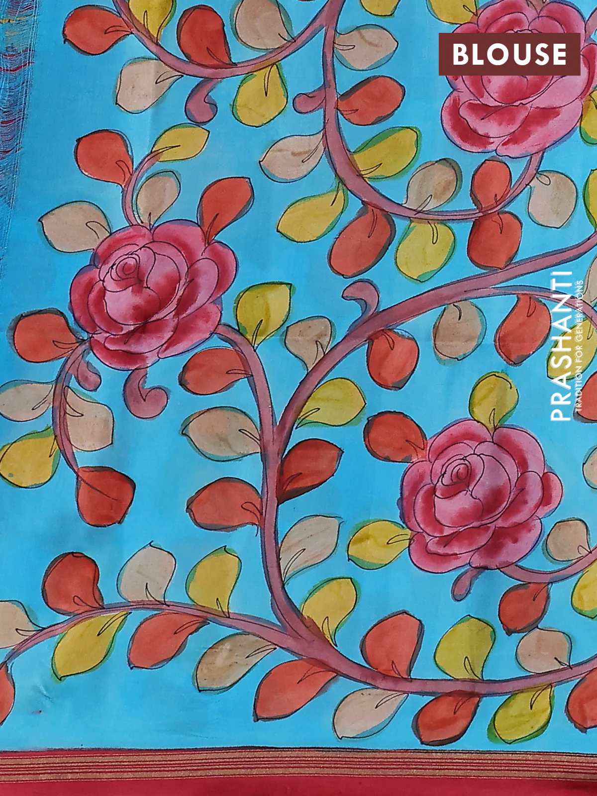 Pure soft silk saree dual shade of pinkish orange and light blue with plain body and kalamkari hand painted pallu - Image 3