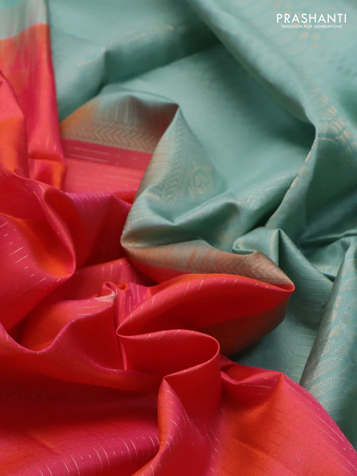 Pure soft silk saree dual shade of pinkish orange and pastel blue with allover zari weaves and zari woven simple border - Image 3