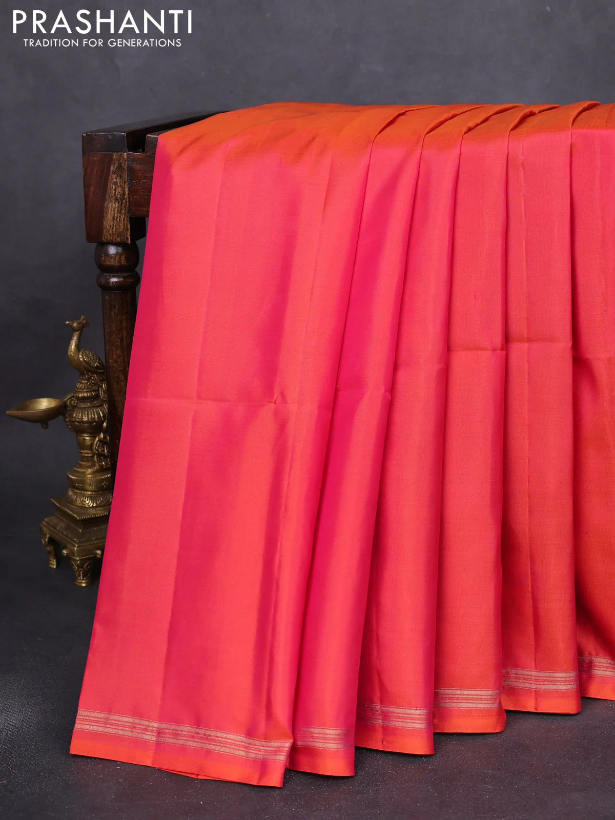 Pure soft silk saree dual shade of pinkish orange and pastel green with plain body and kalamkari hand painted pallu - Image 2