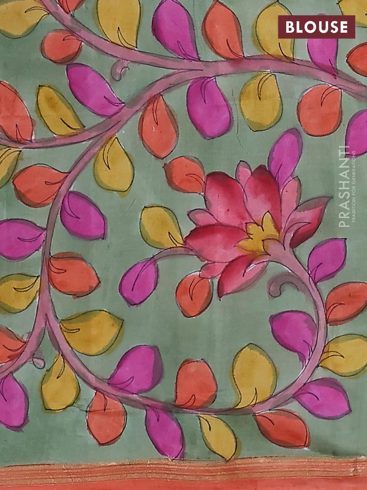 Pure soft silk saree dual shade of pinkish orange and pastel green with plain body and kalamkari hand painted pallu - Image 3