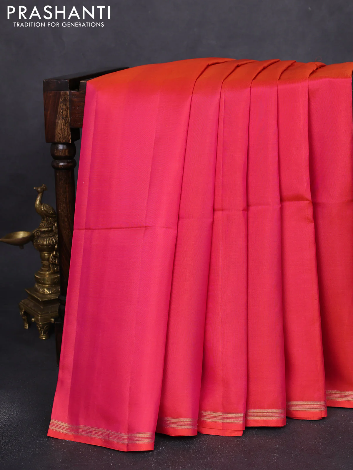 Pure soft silk saree dual shade of pinkish orange and pastel green with plain body and kalamkari hand painted pallu - Image 2