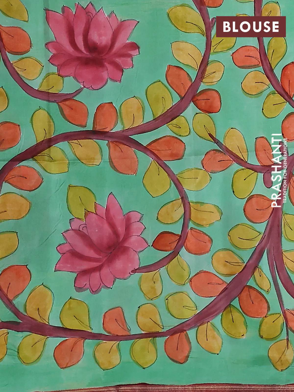 Pure soft silk saree dual shade of pinkish orange and pastel green with plain body and kalamkari hand painted pallu - Image 3