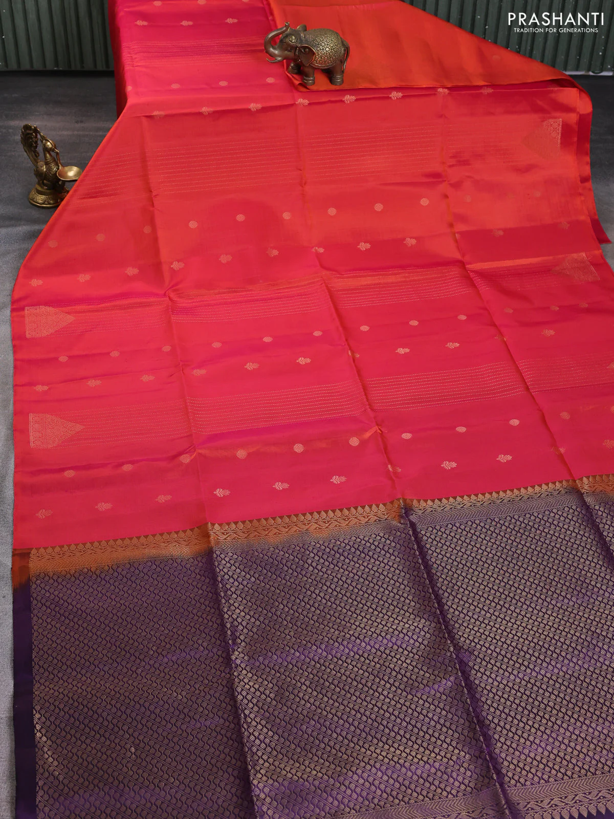Pure soft silk saree dual shade of pinkish orange and purple with allover zari weaves & buttas in borderless style - Image 2