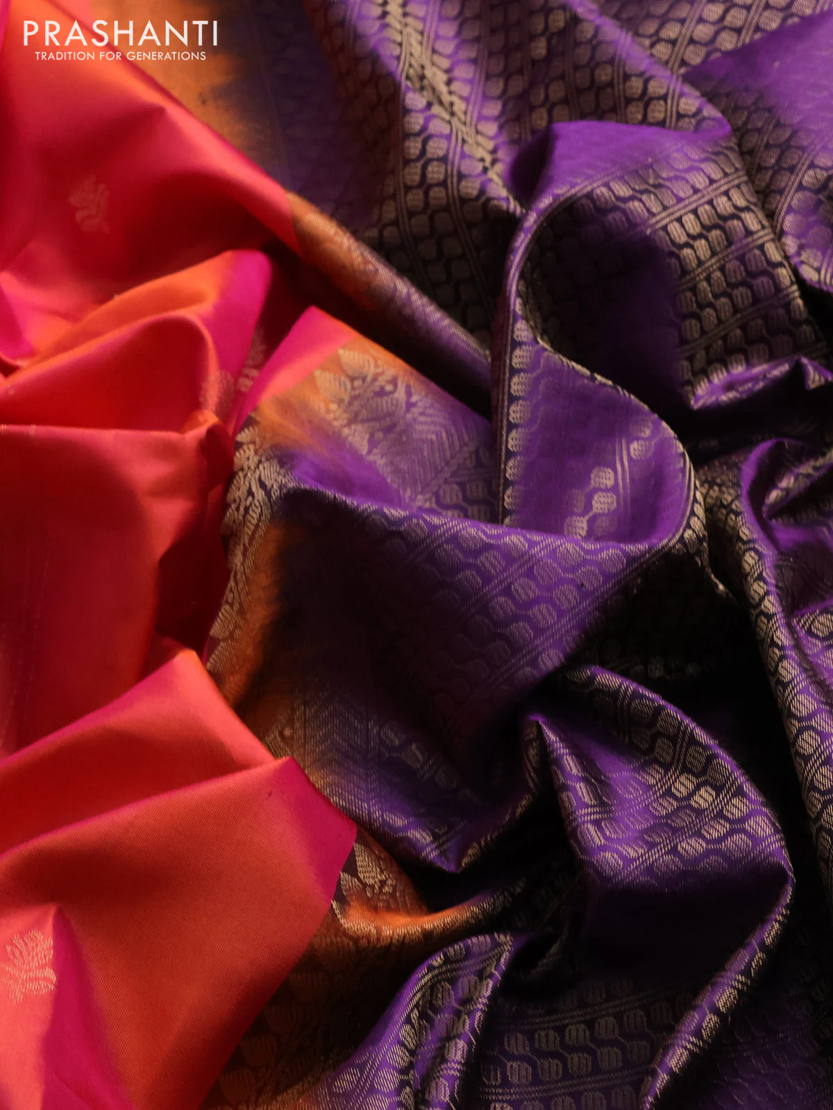 Pure soft silk saree dual shade of pinkish orange and purple with allover zari weaves & buttas in borderless style - Image 3
