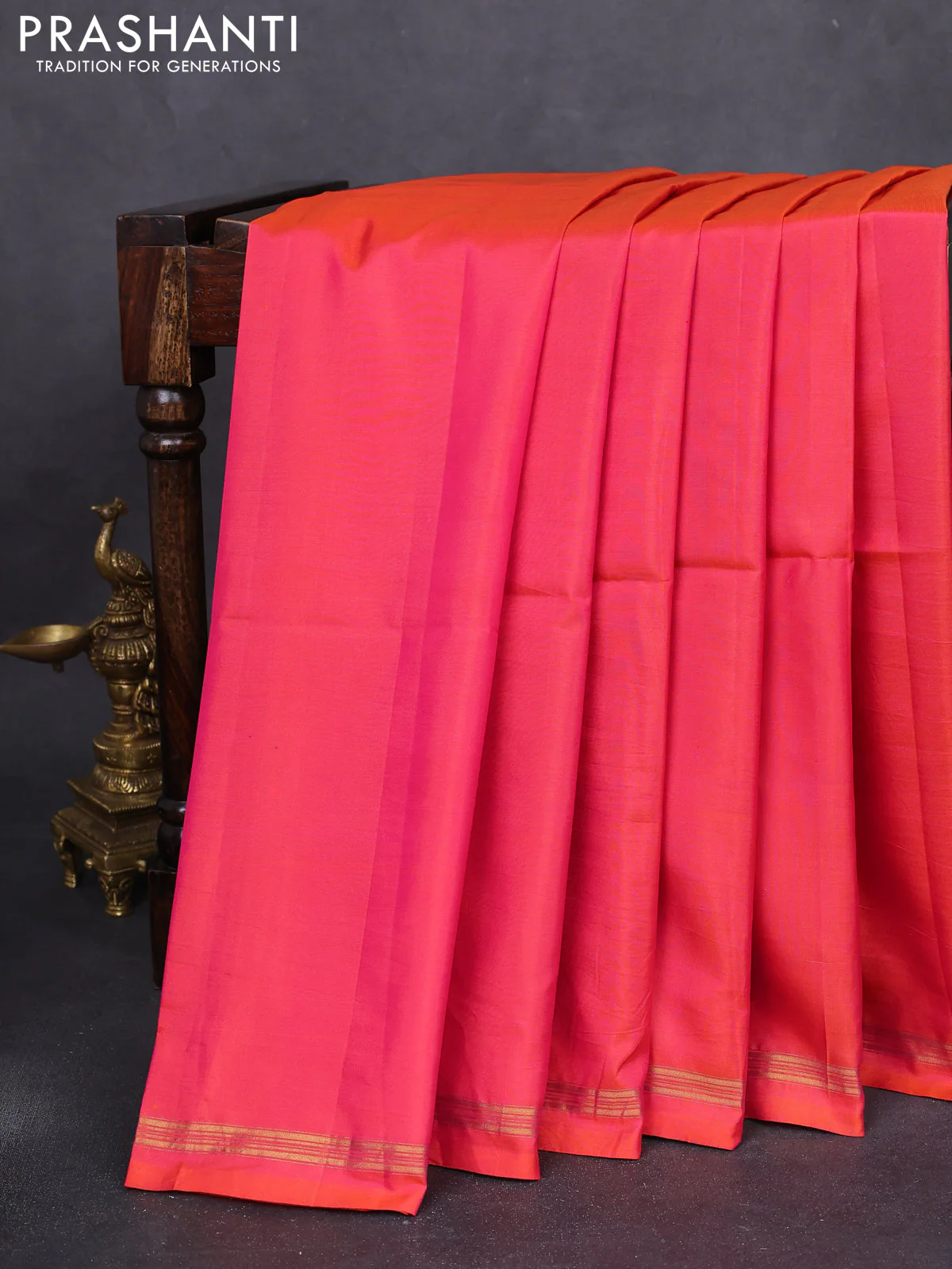 Pure soft silk saree dual shade of pinkish orange and teal blue with plain body and kalamkari hand painted pallu - Image 2