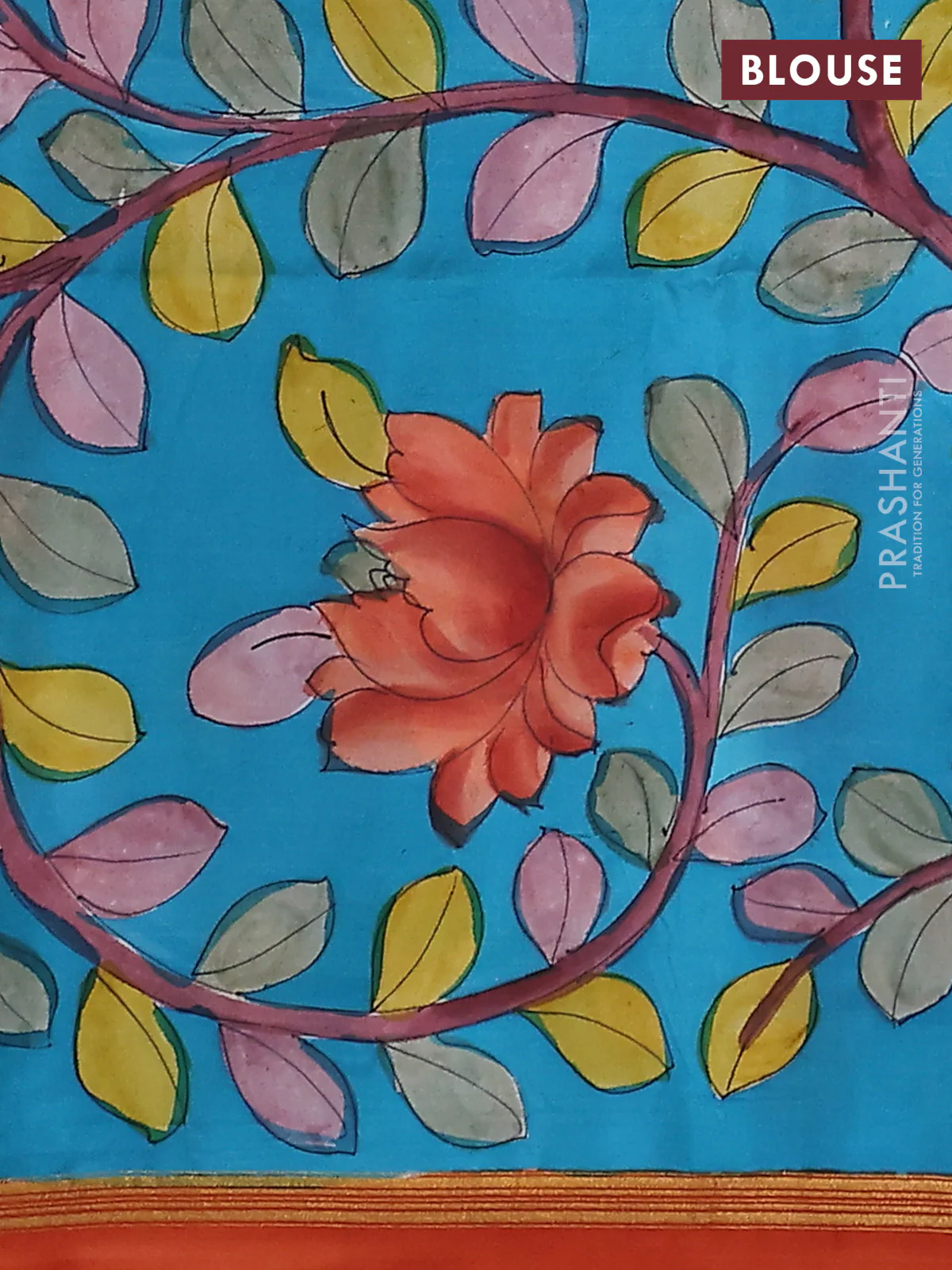 Pure soft silk saree dual shade of pinkish orange and teal blue with plain body and kalamkari hand painted pallu - Image 3
