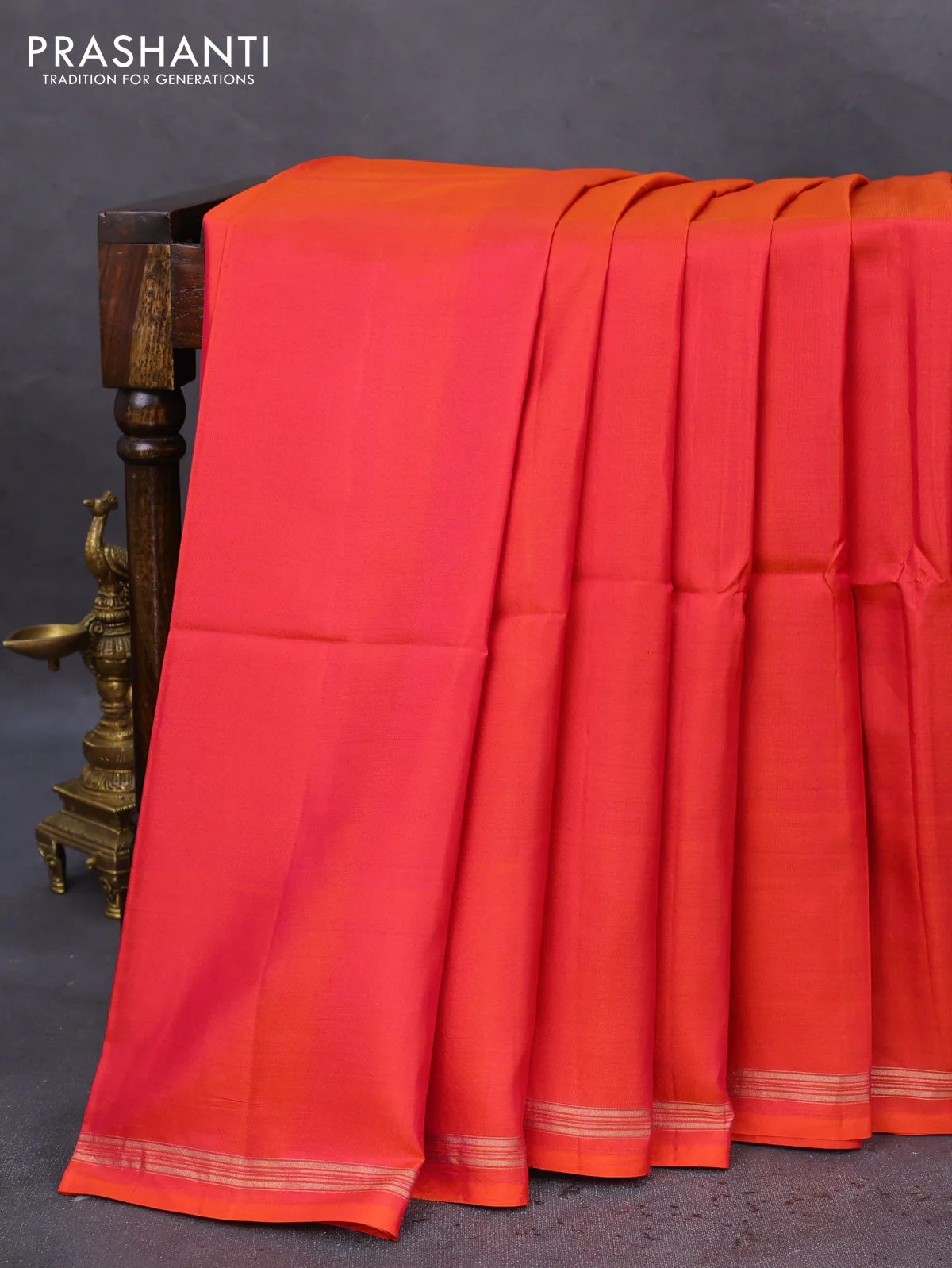 Pure soft silk saree dual shade of pinkish orange and yellow with plain body and hand painted kalamkari printed pallu - Image 2