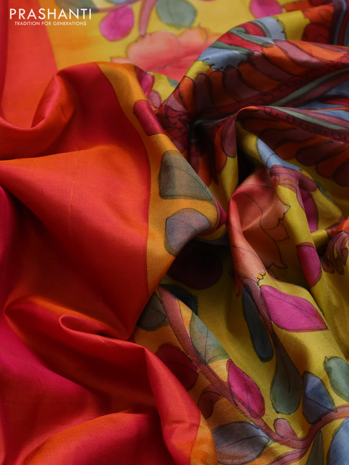 Pure soft silk saree dual shade of pinkish orange and yellow with plain body and hand painted kalamkari printed pallu - Image 3