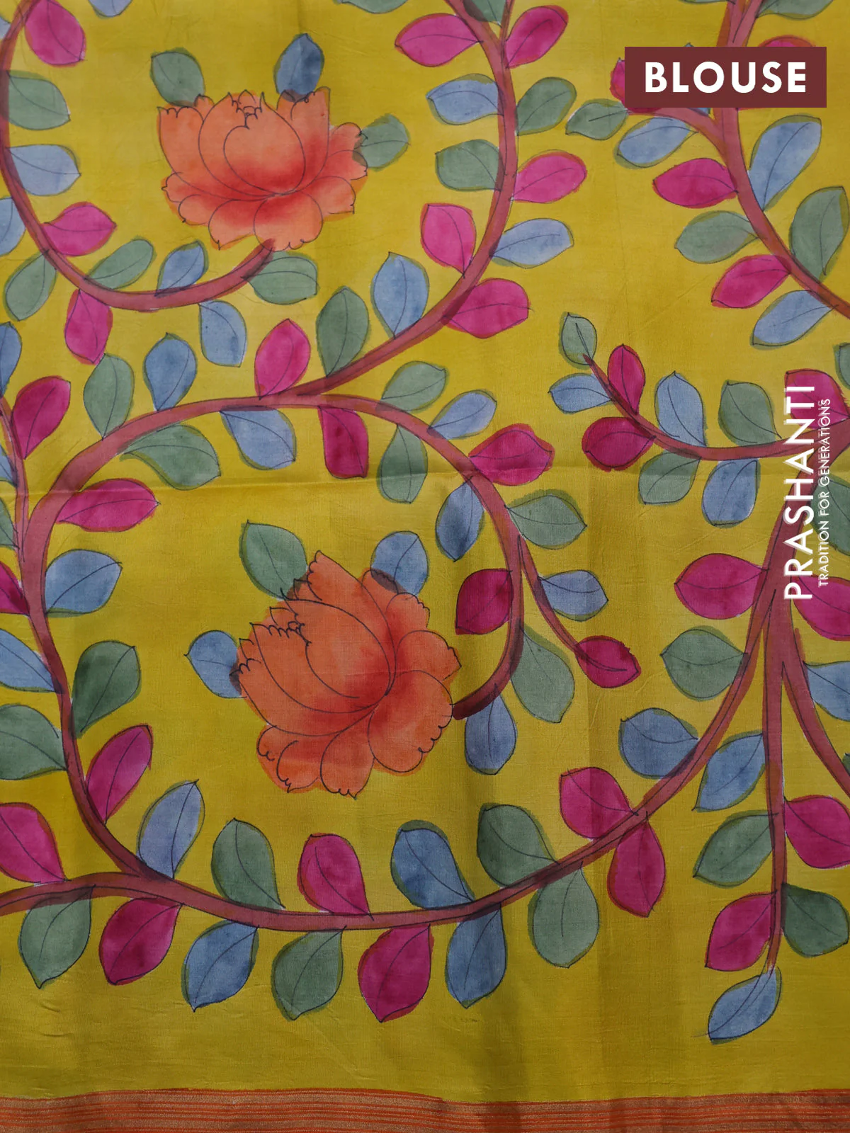 Pure soft silk saree dual shade of pinkish orange and yellow with plain body and hand painted kalamkari printed pallu - Image 4